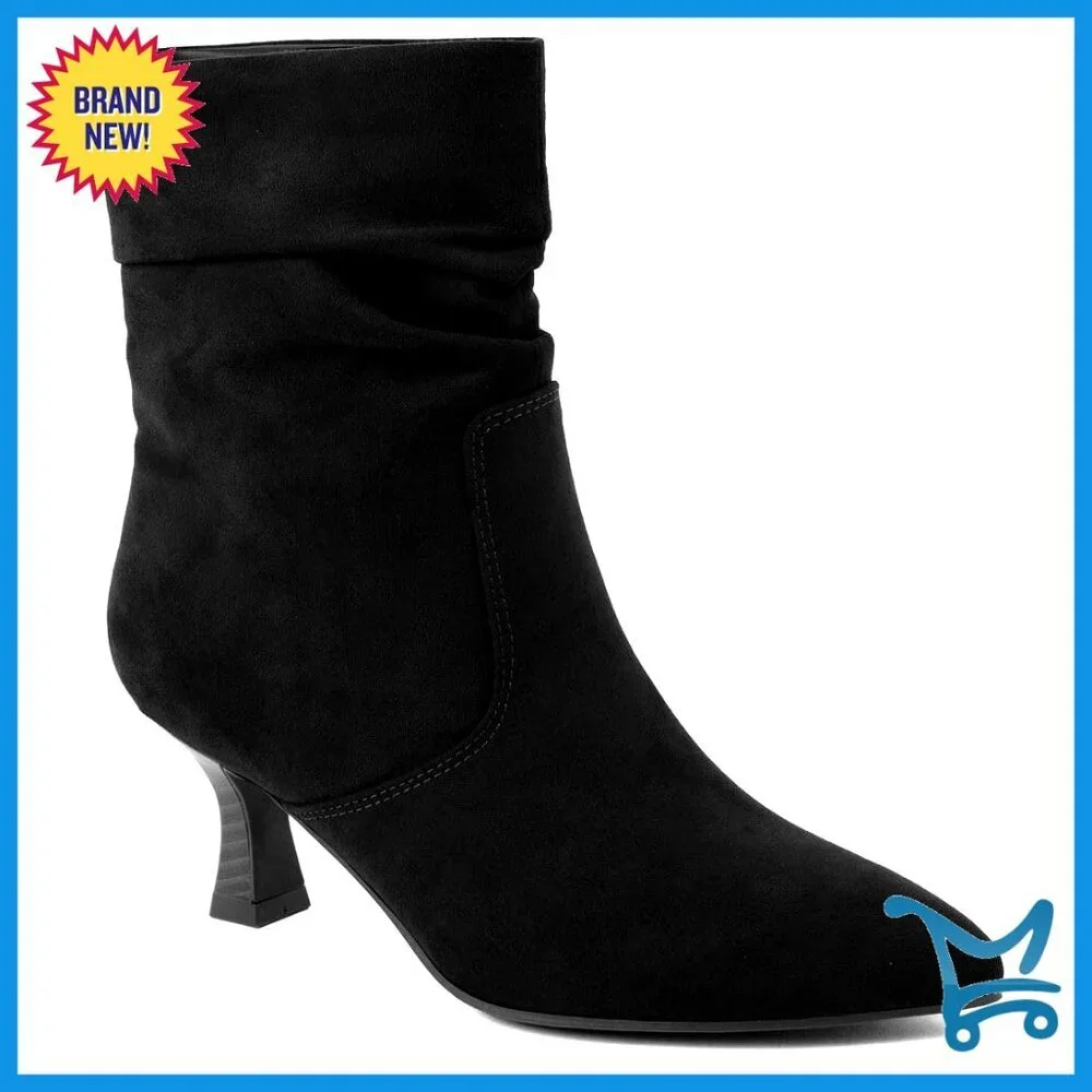 Vegan Suede Mid-Calf Boots Pointed Toe Kitten Heel Side Zipper